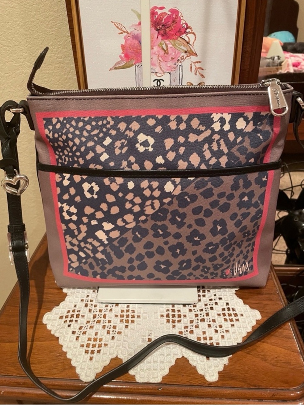 Brighton Leopard Print Crossbody Bag in Mauve with Black Trim